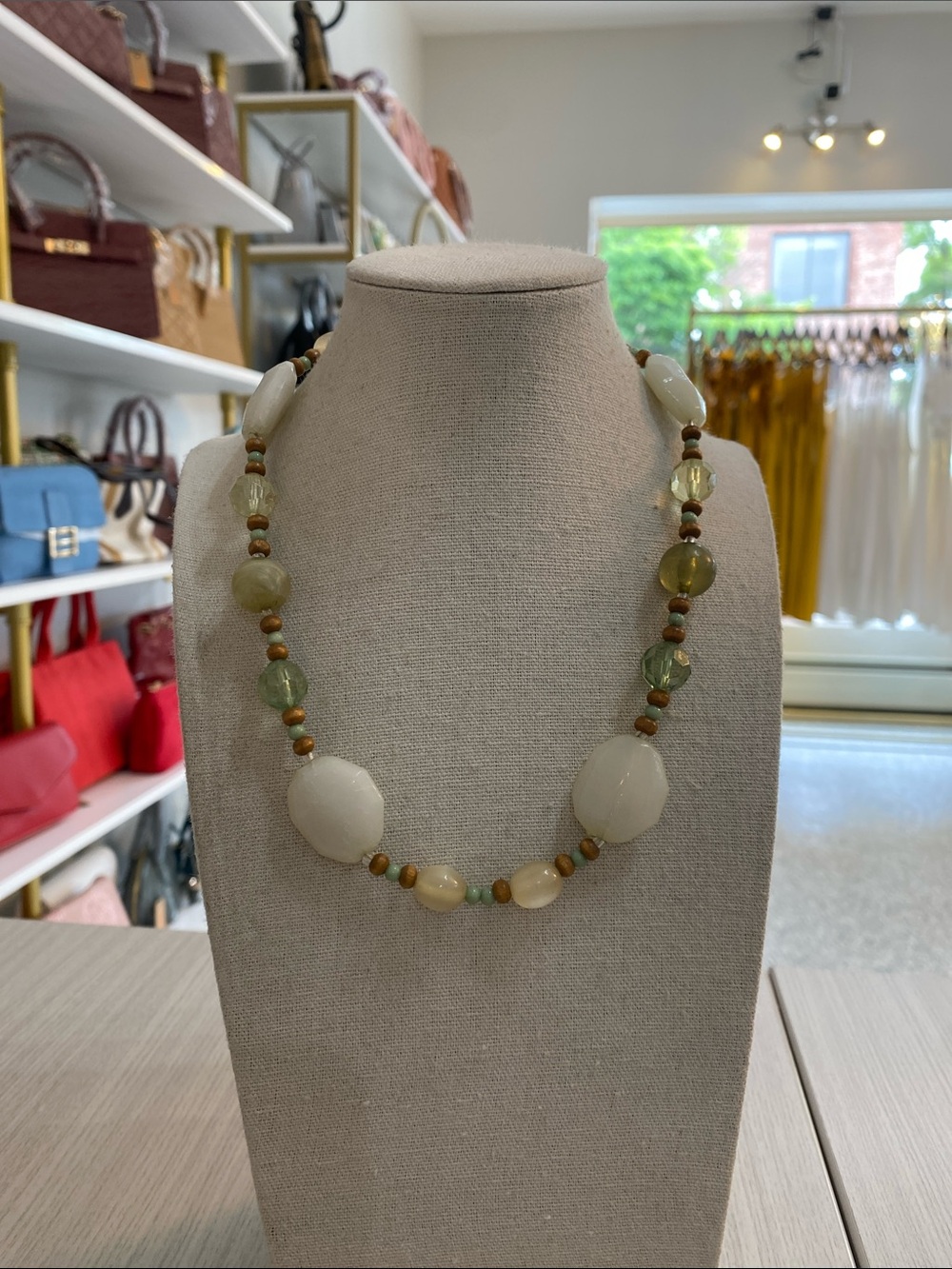 Beaded Green and Ivory Statement Necklace